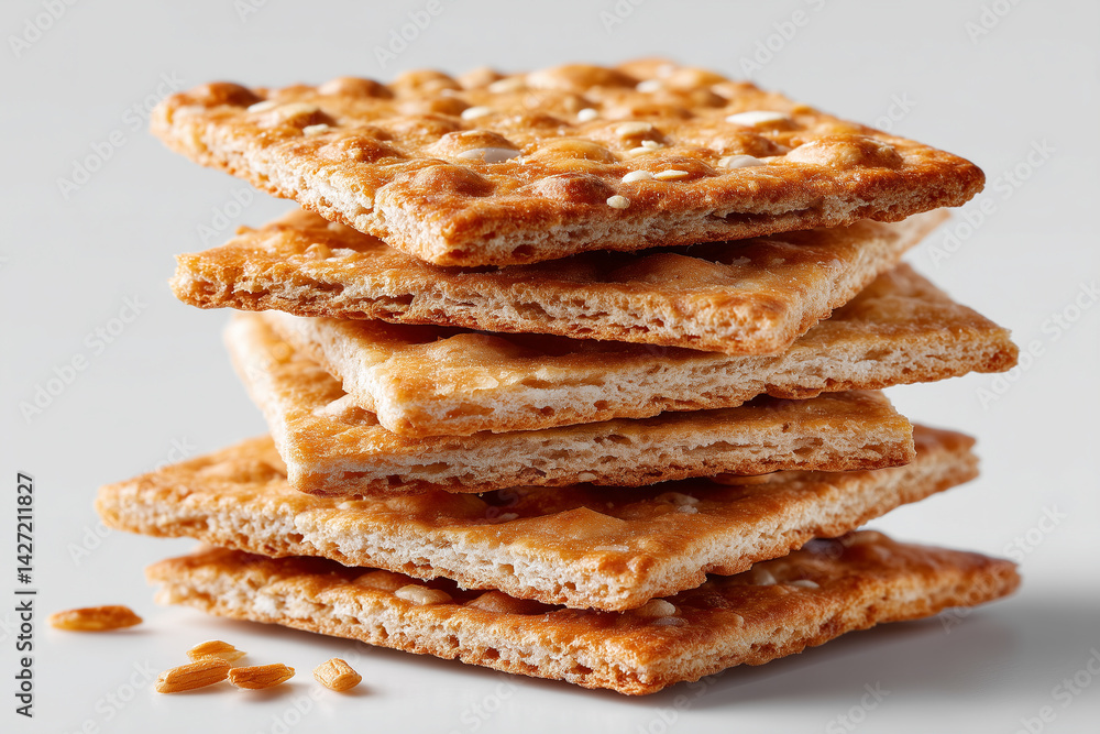 Poster crispbread slices aligned in stack against pure white background creating a minimalist style. concep