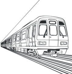 A detailed black and white illustration of a subway train in motion along railway tracks.