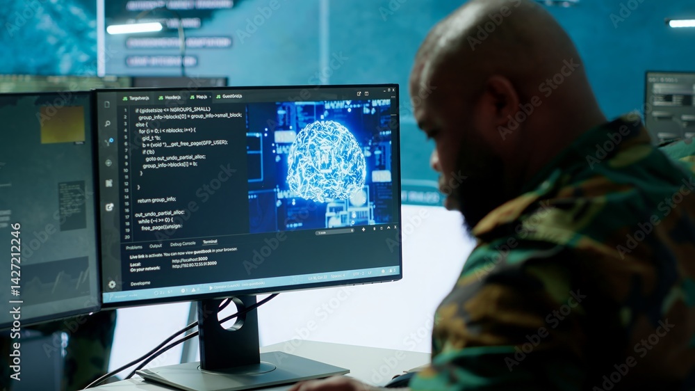Poster machine learning specialist monitors satellite data and neural network to collect data for operation