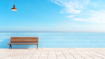 Wooden bench against turquoise wall under blue sky minimalist architecture design
