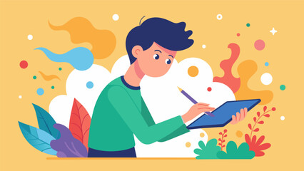 A young artist turning a simple doodle into a detailed and vibrant digital illustration amazed by the transformation their creative mind can bring to. Vector illustration