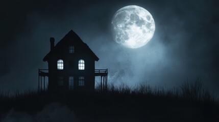 Haunted house silhouette under a full moon.