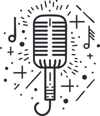 A creative illustration of a vintage microphone surrounded by musical notes and sound waves.