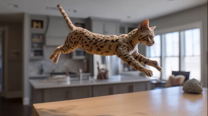 Ocicat jumping onto table spotted coat pattern frozen midair high res motion capture modern home kitchen setting true to life action photo