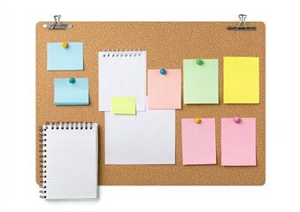 Corkboard with notes, papers, and memo pads.