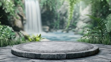 Stone Platform in Lush Jungle Waterfall