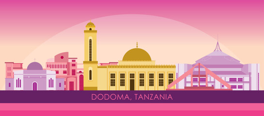 Sunset Skyline panorama of city of Dodoma, Tanzania - vector illustration