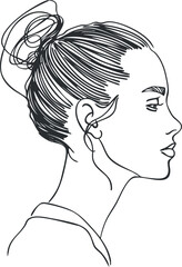 A minimalist line art illustration of a woman in profile with a bun hairstyle and earring.