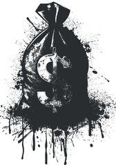 A grunge-style illustration of a money bag with a dollar sign symbolizing finance and wealth.