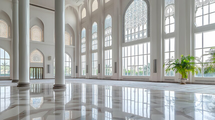 Spacious White Modern Mosque Interior With Large Windows