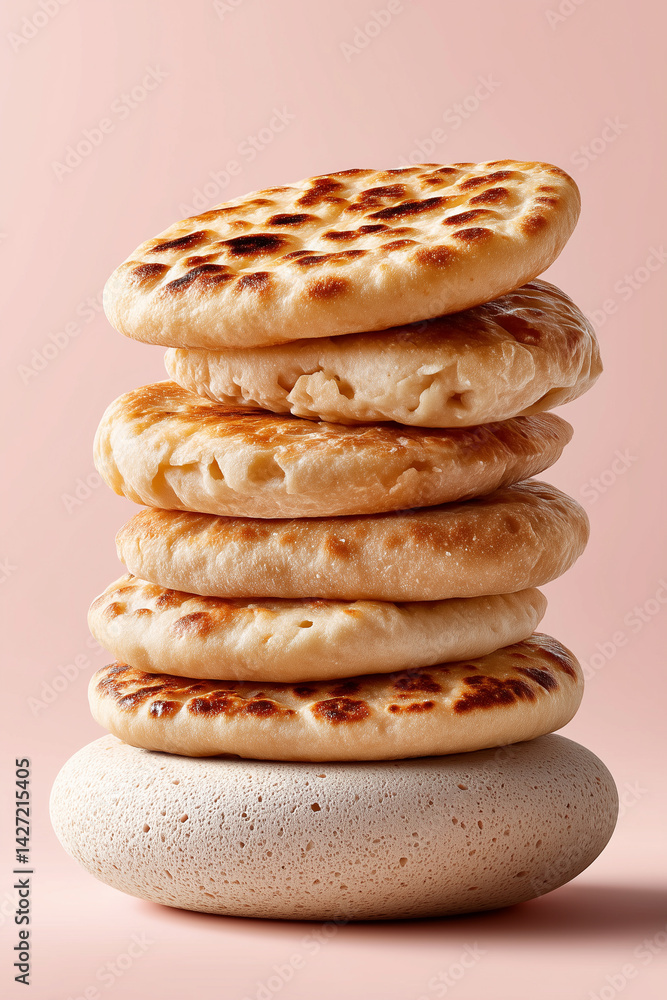 Poster stack of layered flatbreads displayed on smooth pastel background. clean aesthetic highlighting fres