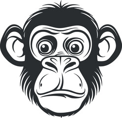 A playful black and white illustration of a chimpanzee's face with cartoonish features.