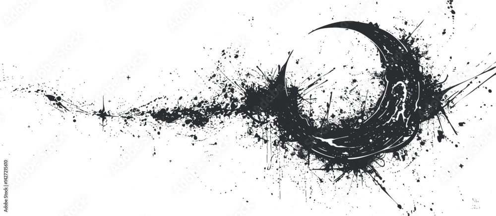 Poster abstract black and white artistic design featuring dynamic splashes and swirling shapes.