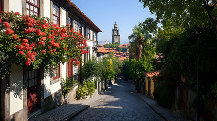 Fototapeta premium Charming Cobblestone Alleyway In Old European Town With Red Flowers