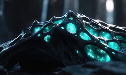 Glowing crystal rock formation in dark forest; fantasy background; video game asset