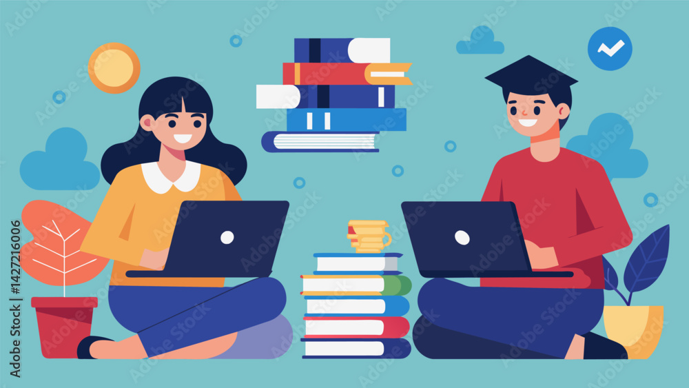 Poster a contrast image of a student sitting with a pile of expensive textbooks and another student using a