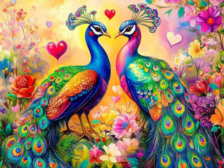 Fototapeta premium Romantic Peacock Couple in Vibrant Nature - Colorful Feathers & Flowers Illustration