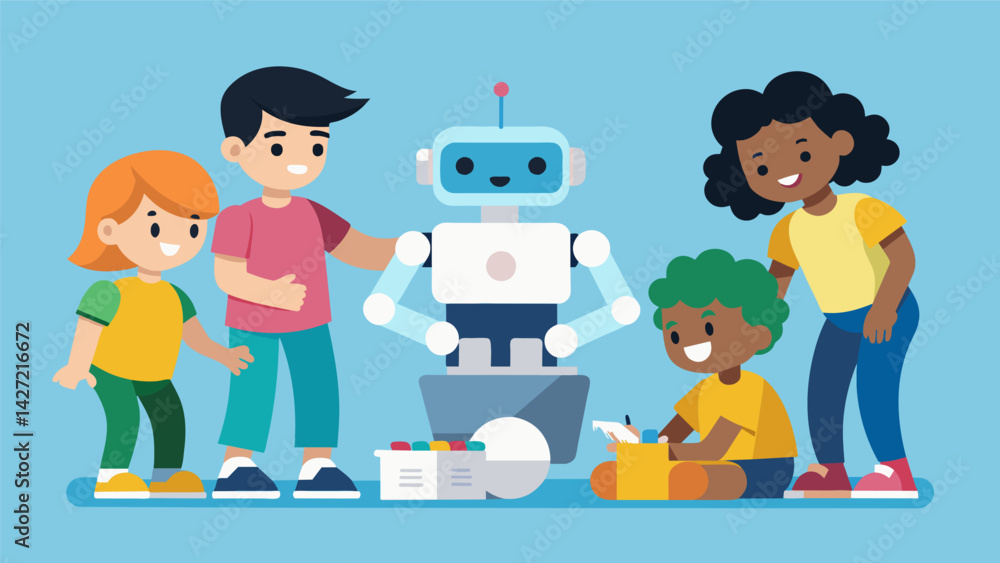 Poster a group of kids work together to assemble a robotic smart doll that can interact and respond to voic