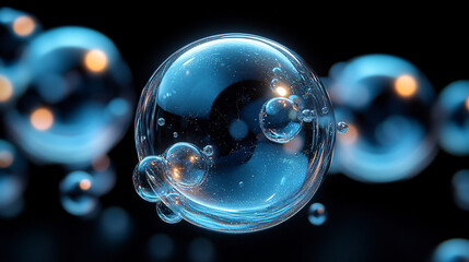 Abstract sphere with translucent bubbles and light reflections.