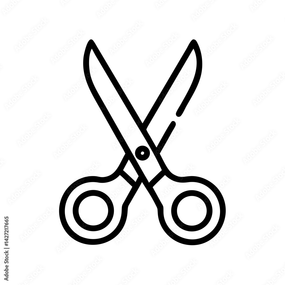 Poster illustration of a pair of open scissors with black outline and rounded handles on a white background