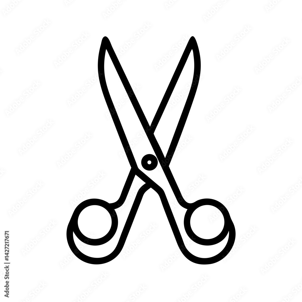 Poster simple line art illustration of open scissors with rounded handles and visible pivot point design el