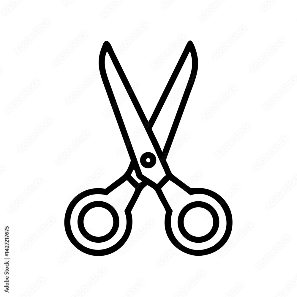 Poster open scissors with circular handles and sharp blades in a simple black outline on a white background