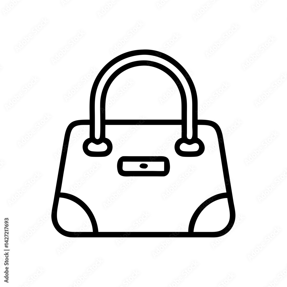 Poster illustration of a handbag with a handle and a clasp in the center in a simple line drawing style