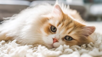 Obraz premium Ragamuffin cat lying soft white rug thick plush coat gentle face expression calm home background with indoor natural light realism