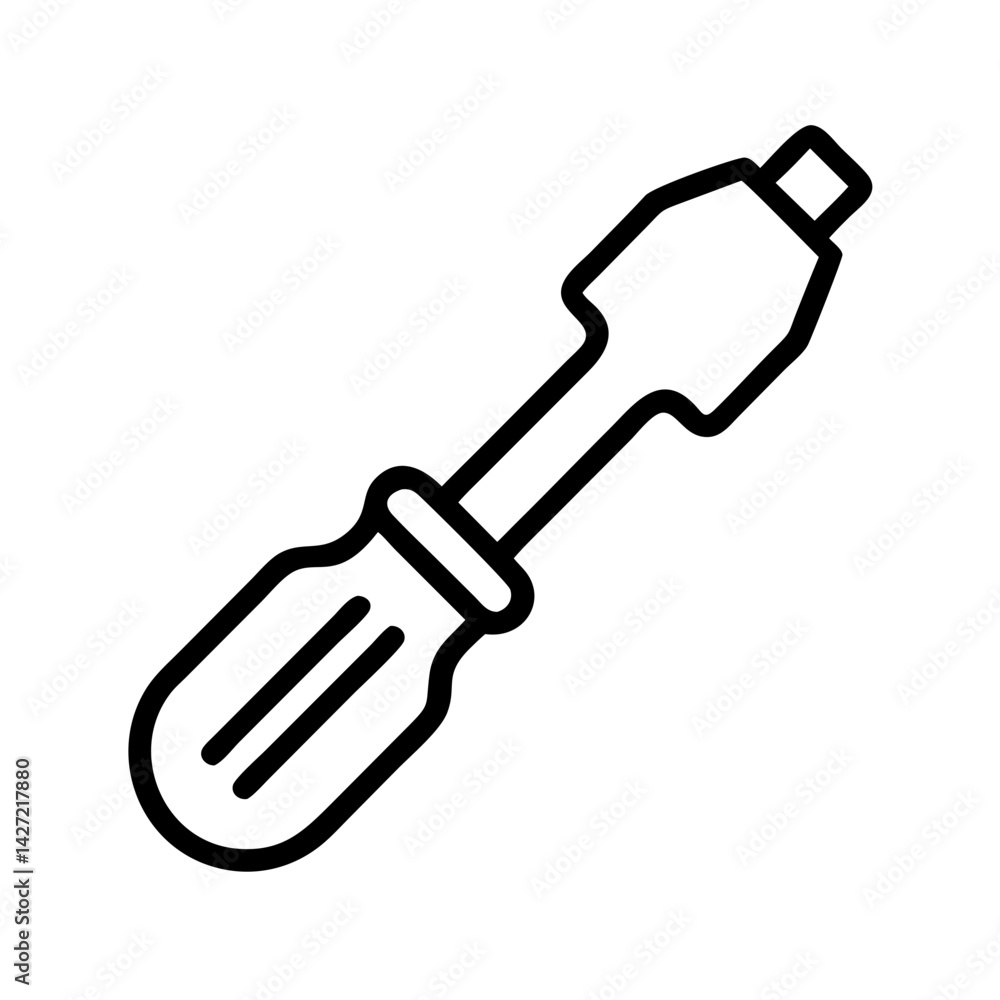 Poster illustration of a simple black outline of a screwdriver with a handle and a flat head tip tool desig