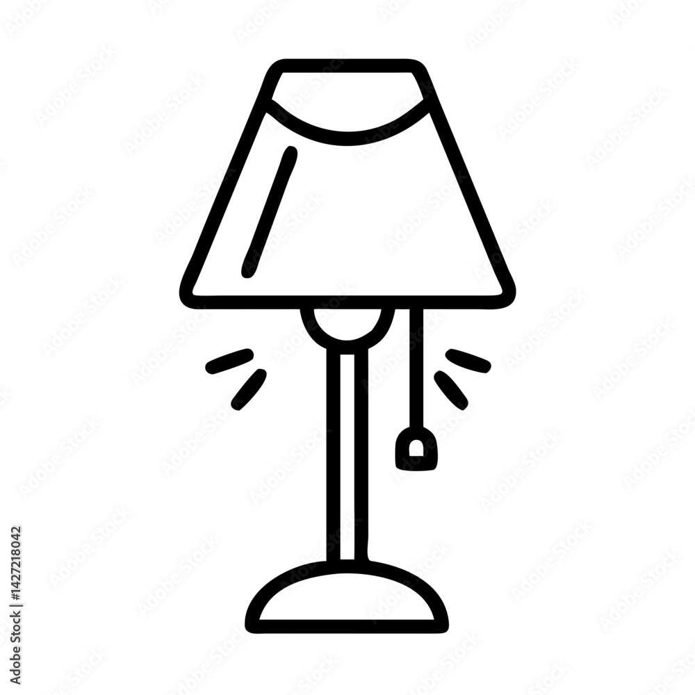 Poster illustration of a bedside lamp with a trapezoidal lampshade and pull string in a simple line drawing