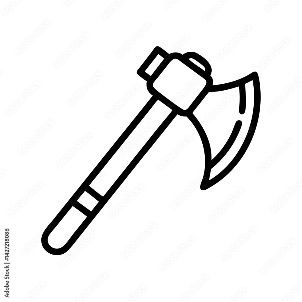 Poster illustration of a single bladed axe with a wooden handle in a simple black outline design style imag