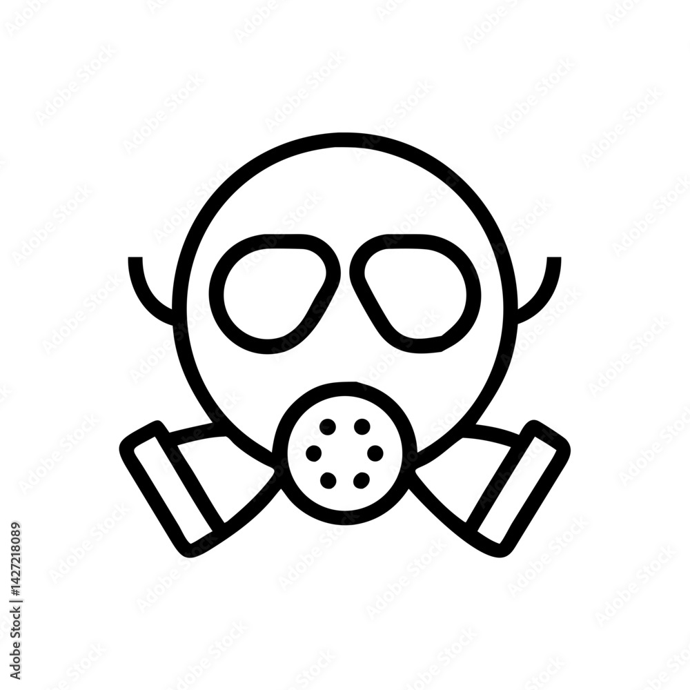 Poster illustration of a gas mask with a round face and rectangular filters in black outline style drawing