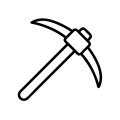 Illustration of a black outline drawing of a pickaxe tool with a wooden handle on a white background