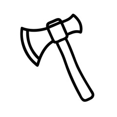 Illustration of a black outlined double bladed axe with a wooden handle on a white background showing detail