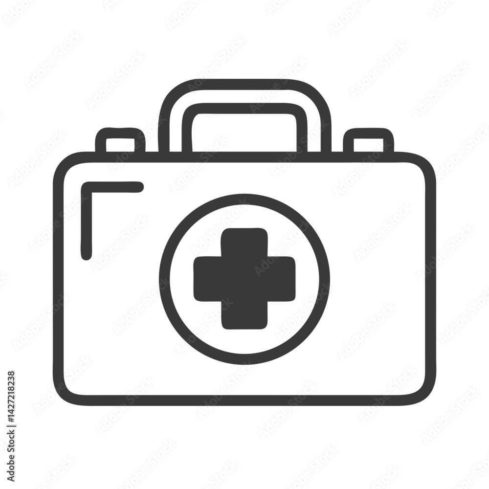 Poster a simple line drawing of a first aid kit with a handle and a cross in a circle on the front side