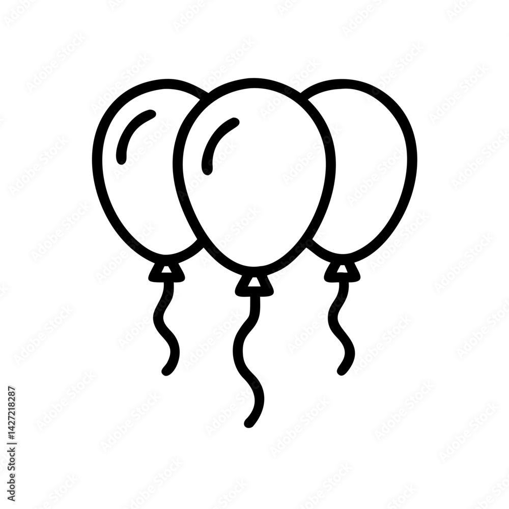 Poster illustration of three balloons with curly strings in a simple black outline drawing style design ele