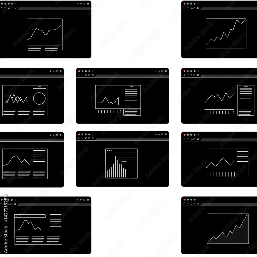  digital data trends: an array of dark digital interfaces showcasing intricate line graph data, captu