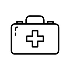 A line drawing of a first aid kit featuring a prominent plus sign on a white rectangular background