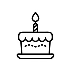 A simple line drawing of a frosted cake with a candle on top, sitting on a plate, isolated on white