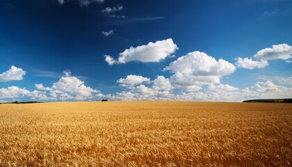 Obraz premium Whimsical Landscape of a Blue Sky with White Clouds Over a Golden Field