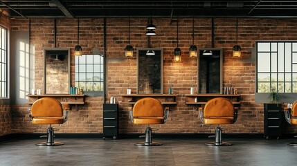 Industrial-style barbershop with tan leather chairs.