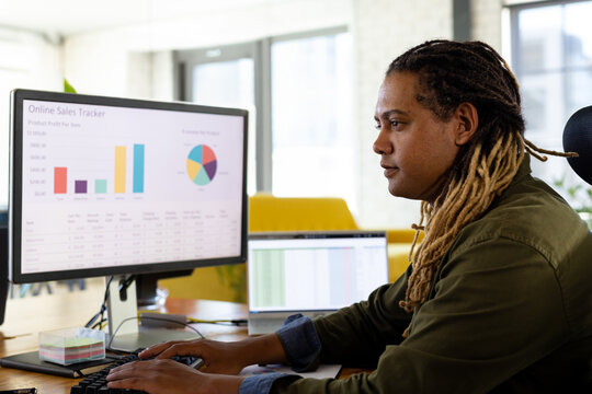 Mid-adult African American man working on monitors at office desk, with sales charts, copy space