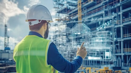 An engineer reviews blueprints at a construction site with technology