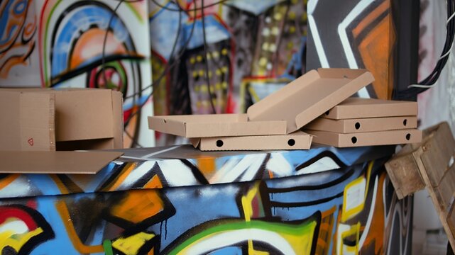 Graffiti spraying cans and empty pizza boxes in derelict building, concept of alternative lifestyle. Dolly in shot of base of operations in city slums used by criminals to commit illegal activities