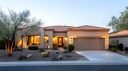 Modern Beige House Exterior At Twilight In Desert Landscape