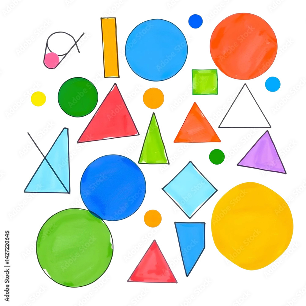 Poster geometric harmony: a vibrant array of meticulously drawn geometric shapes in a vivid composition, wi