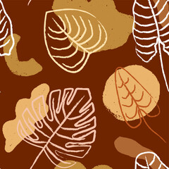 Abstract seamless pattern with drawn tropical leaves and textured hand-drawn shapes in terracotta, beige, neutral, earthy tones for packaging, textile design, eco branding, wallpaper, stationery, etc.