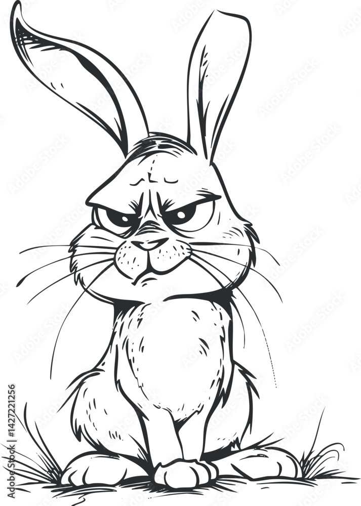Poster an angry cartoon rabbit with exaggerated features and a comical expression sitting in grass