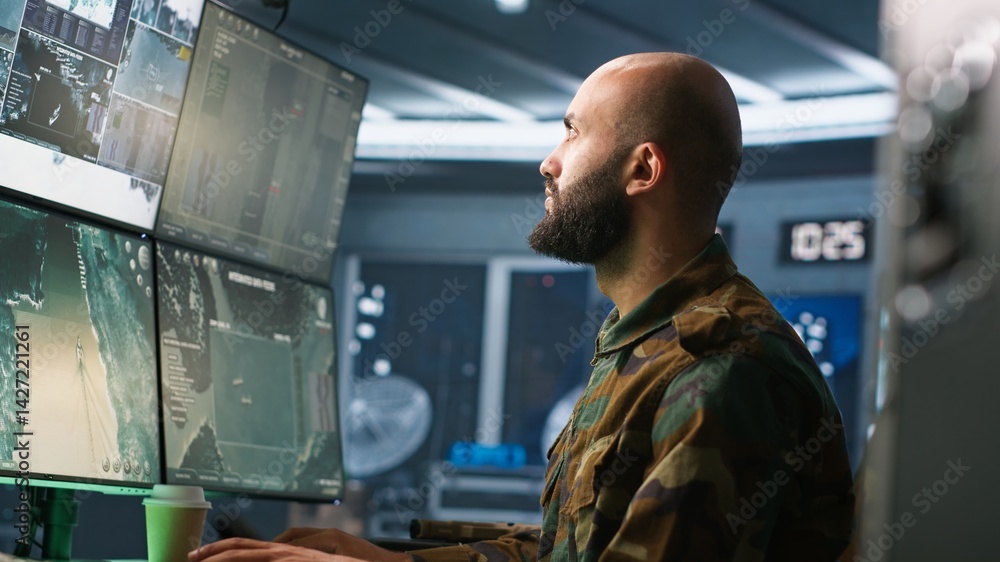 Poster military agent working in control room, analyzing aerial reconnaissance data. intelligence corps age