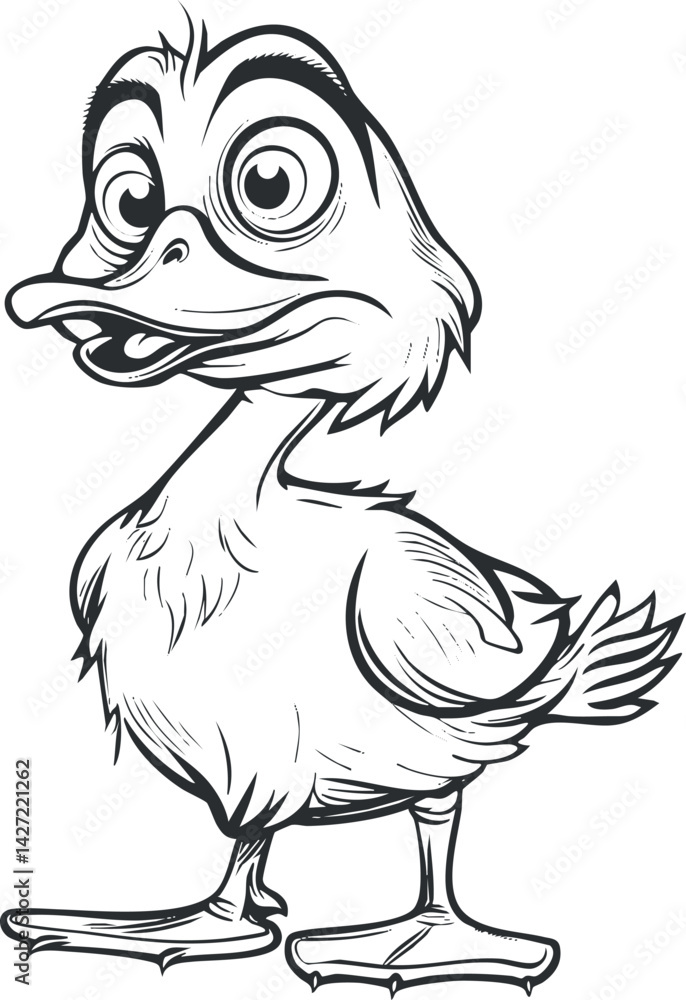 Poster cartoon duck character with large eyes and a playful expression in lineart style.